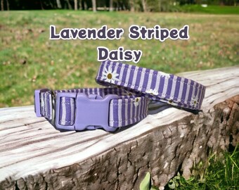 Lavender Striped dog collar with Daisies and bees, side release adjustable, handmade washable fabric pet collar, floral female pet collar