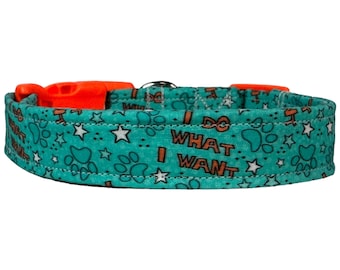 I do what I want Funny obscene handmade dog collar, adjustable side release, washable cotton fabric, webbing core, customizable hardware