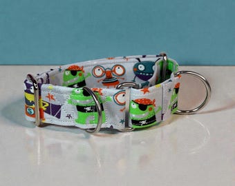 Monster Funny handmade martingale dog collar, washable cotton fabric, adjustable, no buckle, stainless steel hardware, wide martingale