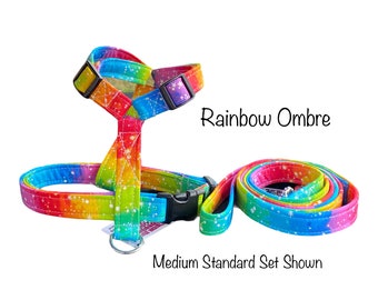 Rainbow ombre dog harness and leash set, step in harness, standard Roman harness, adjustable dog harness, matching leash, rainbow, Ombre