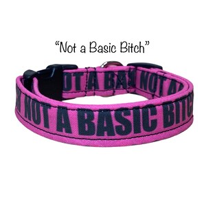 Not a Basic Bitch funny obscene handmade dog collar, adjustable side release, washable cotton, webbing core, customizable hardware color