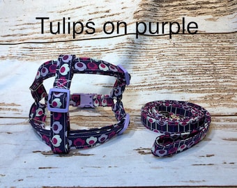 Dog harness, Harness and leash, step in harness, standard harness, dog harness set, adjustable harness, floral dog harness, tulips, purple