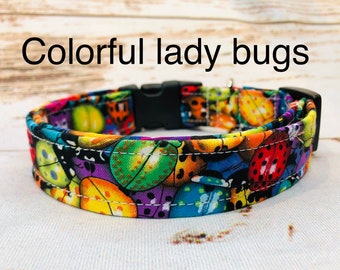 Lady bug dog collar, colorful dog collar, adjustable collar, side release dog collar, fabric dog collar, lady bugs, rainbow, washable collar