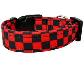 Retro checkered dog collar, girl dog collar, handmade side release collar, washable fabric dog collar, red and black checkered print