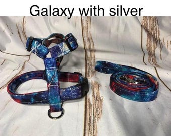 Galaxy Print Dog Harness and Leash Set, Funny Handmade Dog Collar, step in or standard roman