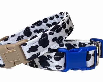 Dog collar, cow dog collar, funny dog collar, fabric dog collar, cow print dog collar, unisex, custom dog collar, cow print, colored buckles