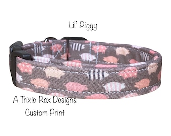 Pig dog collar, funny dog collar, dog collar for girl dogs, pig lover dog collar, pink, side release, adjustable, washable, fabric collar