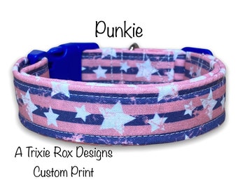 Punk Rock Dog collar, Pink, blue, stripe, stars, Punk dog collar, adjustable, washable, eco friendly collar, cat collar, punk, fabric collar