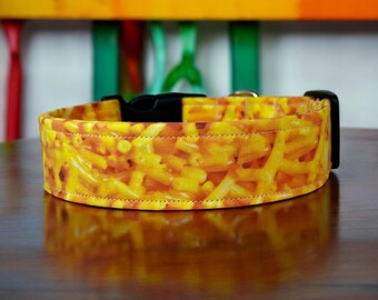 Macaroni and cheese dog collar, funny dog collar, dog collar, washable fabric collar, side release, food dog collar, handmade dog collar