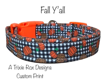 Fall dog collar, autumn, pumpkin dog collar, adjustable collar, side release collar, washable collar, fabric dog collar, buffalo check, fall