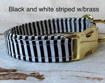 Striped Dog Collar with Brass Hardware, Adjustable Fabric Design for Comfort