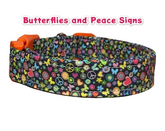 Peace sign dog collar, Peace sign cat collar, butterfly, dog collar, side release collar, adjustable collar, washable collar, fabric collar