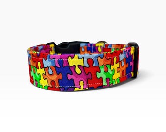 Rainbow puzzle piece handmade dog collar, adjustable side release, washable cotton fabric, webbing core, customizable hardware color
