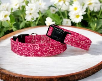 Pink stars dog collar, handmade fabric dog collar, side release adjustable dog collar, funny dog collars, washable, gifts for dogs