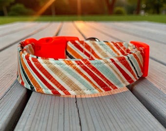 Handmade diagonal Orange Striped Dog Collar: Adjustable side release, washable fabric, webbing core, customizable hardware