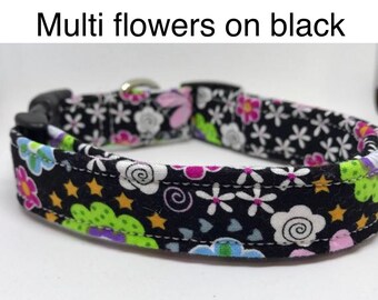 Multi Flowers on black dog collar, standard adjustable or martingale