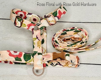 Floral Dog Harness in Cotton, Rose Gold Metal Hardware, Step-In or Standard Style