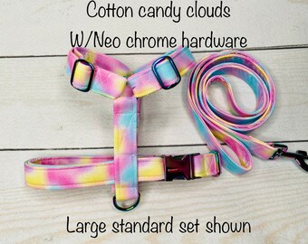 Dog harness, dog Harness and leash set. step in harness, standard harness, dog harness set, Neo chrome hardware, pastel dog harness, girl