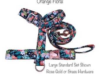 Floral dog harness and leash set, rose gold, brass, orange, black, step in dog harness, standard Roman harness, adjustable, washable, soft