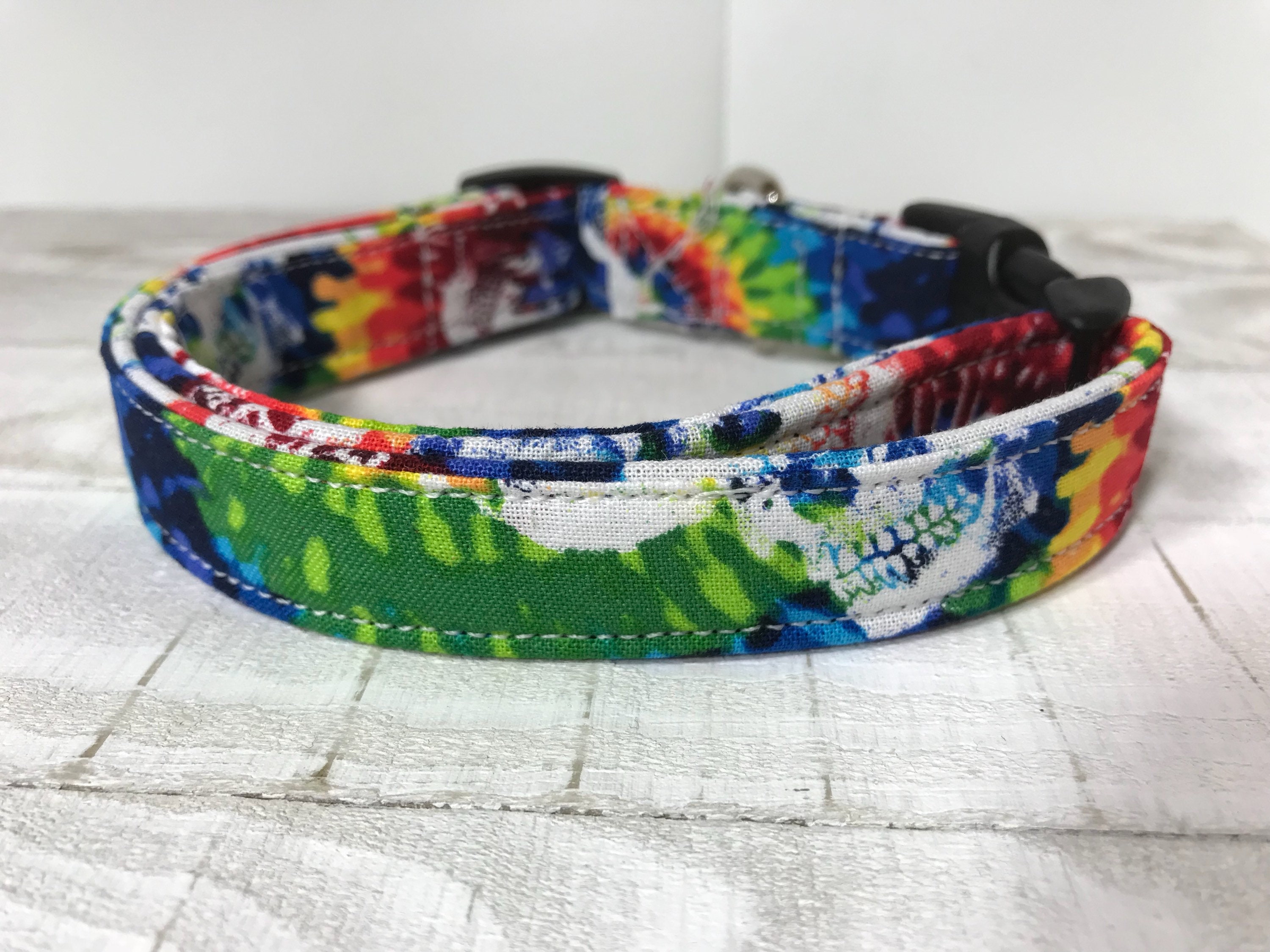 Tie dye skull dog collar, adjustable collar, side release collar