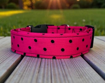 Pink and Black Polka Dot Handmade dog collar: Washable fabric, adjustable side release, webbing core, customizable hardware, wide dog collar