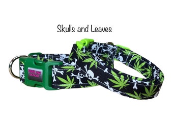 Skull and weed dog collar, funny dog collar, side release, adjustable collar, washable, cat collar, cannabis, skulls, fabric collar, green