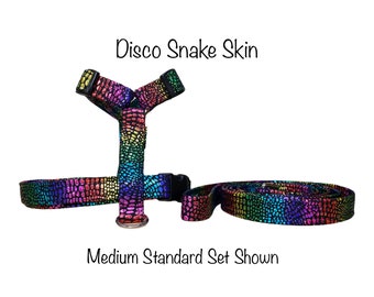 Snake dog harness and leash set, standard Roman harness, step in harness, dog harness, adjustable dog harness, Rainbow, snake skin print