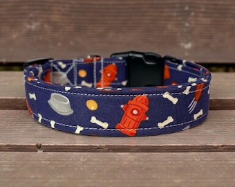 Fire hydrant and bones Handmade dog collar: Washable fabric, adjustable side release, webbing core, customizable hardware, wide dog collar
