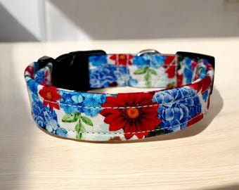Patriotic Floral Dog Collar: Handmade USA Fabric, Adjustable Side Release
