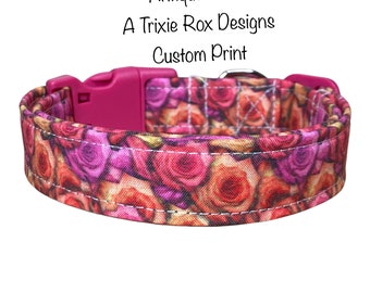 Floral dog collar, roses, rose dog collar, cat collar, custom dog collar, fabric collar, washable, adjustable, side release collar, flowers