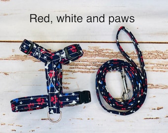 Dog harness, Harness and leash, step in harness, standard harness, dog harness set, patriotic, paw print, red white and blue, stars, paws