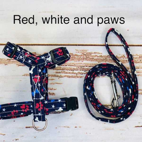 Dog harness, Harness and leash, step in harness, standard harness, dog harness set, patriotic, paw print, red white and blue, stars, paws