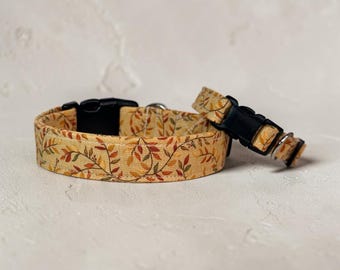 Fall leaves and Vines handmade dog collar, adjustable side release, washable cotton fabric, webbing core, customizable hardware