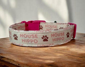 Funny handmade dog collar “House Hippo”: Washable Side release fabric adjustable collar
