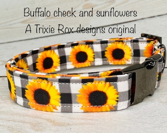 Dog collar, dog collar custom, sunflower dog collar, buckle dog collar, custom dog collar, adjustable, fabric dog collar, buffalo check