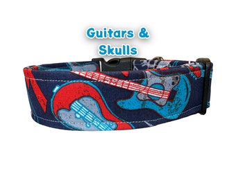 Guitar dog collar, dog collar, wide dog collar, handmade dog collar, boy dog collar, skull and guitar, custom dog collar, adjustable, blue