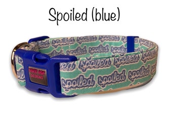 Spoiled dog collar, dog collar, funny dog collar, blue dog collar, cat collar, spoiled cat collar, spoiled, eco friendly, washable, blue