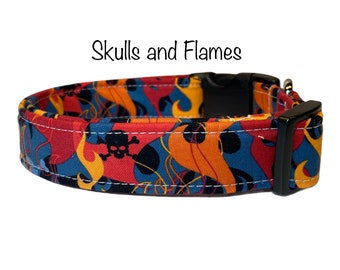 Skulls and Flames dog collar, skulls, flames, adjustable collar, washable dog collar, side release collar, cat collar, fabric dog collar