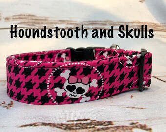 Dog collar, pink houndstooth and skull dog collar, girl dog collar, pink, black, skulls, houndstooth, adjustable, washable, side release