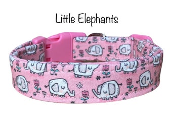 Elephant dog collar, girl dog collar, cute, adjustable dog collar, washable collar, side release collar, fabric dog collar, pink, elephants