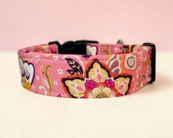 Pink Floral handmade dog collar, adjustable side release, washable cotton fabric, webbing core, customizable hardware color