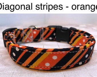 Dog Collar, girl dog collar, boy dog collar, orange stripe collar, adjustable collar, buckle dog collar, orange, black, diagnonal,  stripes