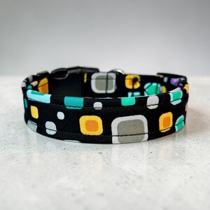 Teal and Purple Geometric handmade dog collar, adjustable side release, washable cotton fabric, webbing core, customizable hardware color
