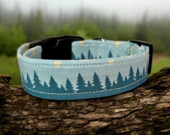 blue forest dog collar, handmade fabric dog collar, side release adjustable dog collar, funny dog collars, washable collar, gifts for dogs