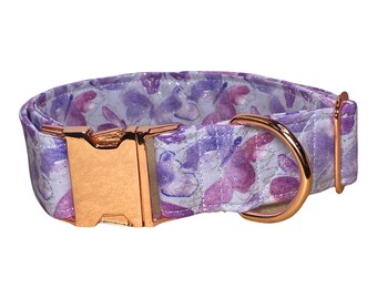 Butterfly dog collar, rose gold hardware, side release collar, adjustable collar, washable collar, purple butterflies, sparkles, dog collar