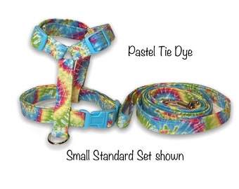Tie dye dog harness, dog harness and leash set, pastel tie dye, step in harness, standard Roman harness, adjustable, washable, dog harness