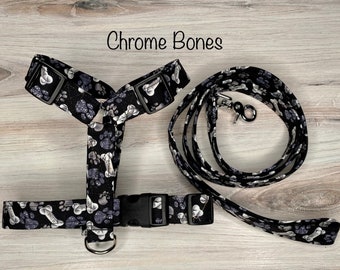 Dog Harness, Dog harness and leash set, bone dog harness, black dog harness, standard Roman, step in, matching leash, chrome bone harness