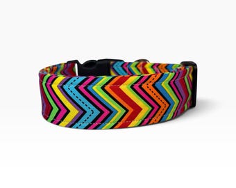 Rainbow Chevron handmade dog collar, adjustable side release, washable cotton fabric, webbing core, customizable hardware color