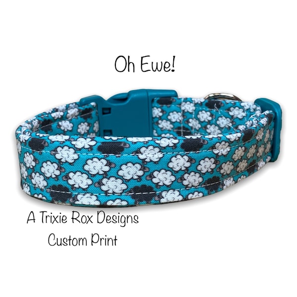 Sheep dog collar, funny dog collar, adjustable, washable, eco friendly, fabric dog collar, cat collar, sheep, teal, black sheep, white, dog