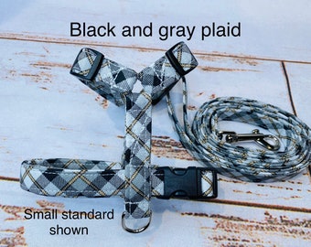 Dog harness, Harness and leash set, matching leash, step in harness, standard harness, plaid dog harness, black and gray plaid, plaid